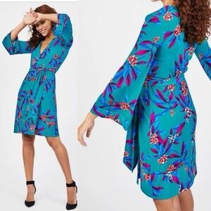Calvin Klein Floral Wrap Dress Teal Long Bell Sleeve Size 2 Jersey Knit Belted